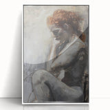 Abstract figurative art print framed in white acrylic, showcasing vibrant colors and dynamic shapes, perfect for modern home decor or gallery display.