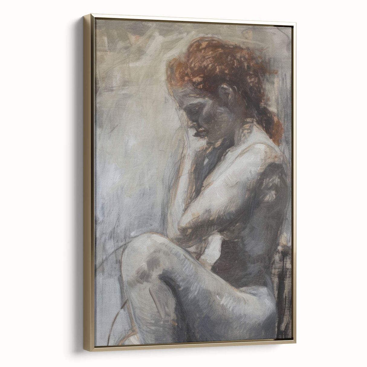 Abstract figurative framed canvas artwork showcasing a gold and black design, elegantly displayed from the side, adding a touch of modern elegance to any space.