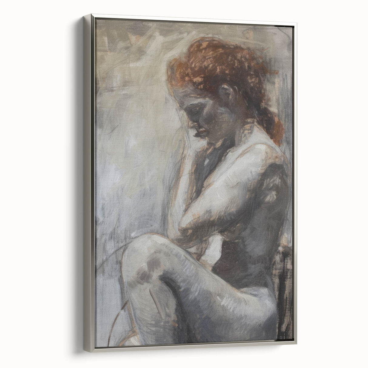 Abstract figurative framed canvas artwork showcasing a dynamic silver design, elegantly displayed from a side view to highlight its modern aesthetic and texture.