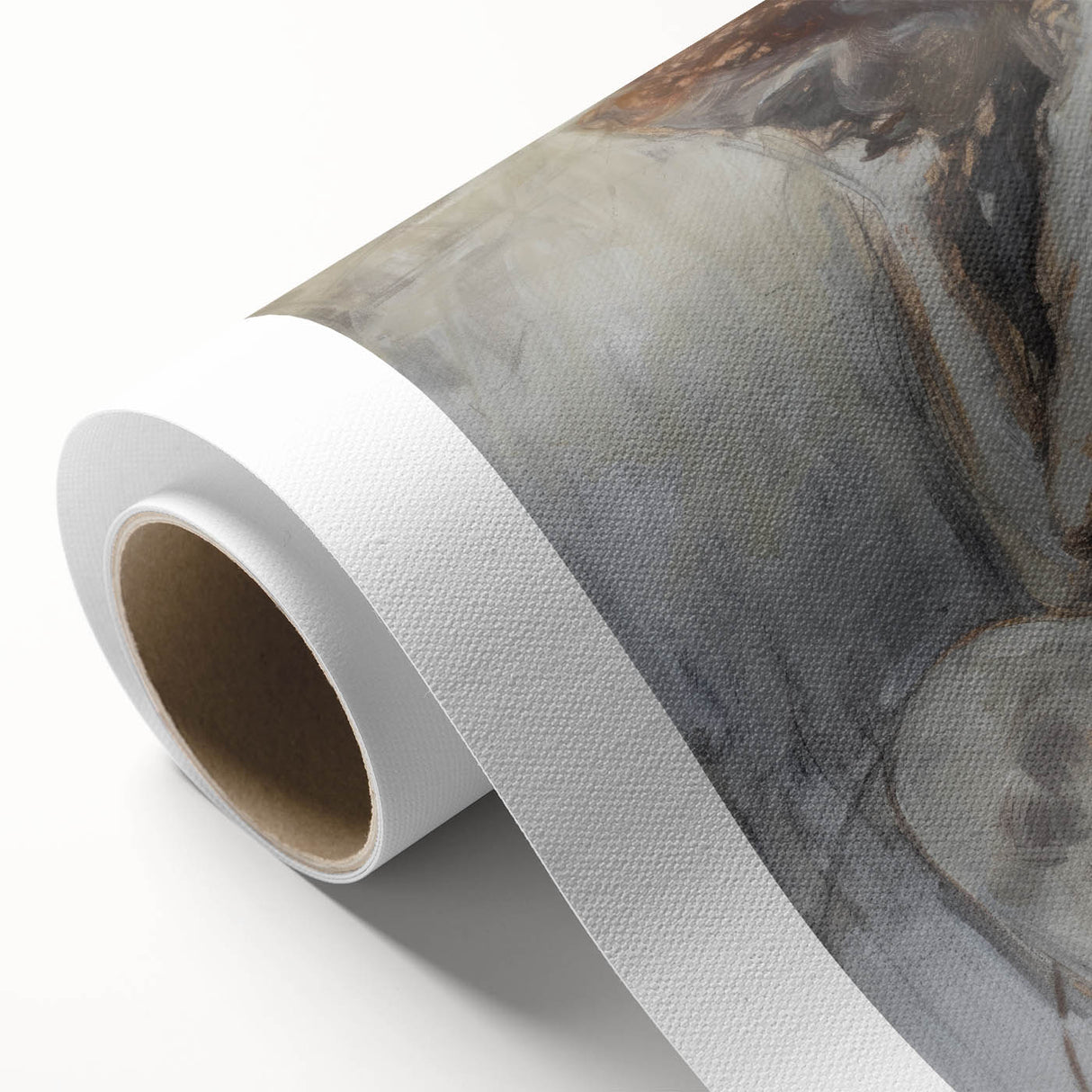 Abstract figurative rolled canvas artwork showcasing vibrant colors and dynamic shapes, designed to enhance modern interior spaces, packaged securely in a cardboard tube.