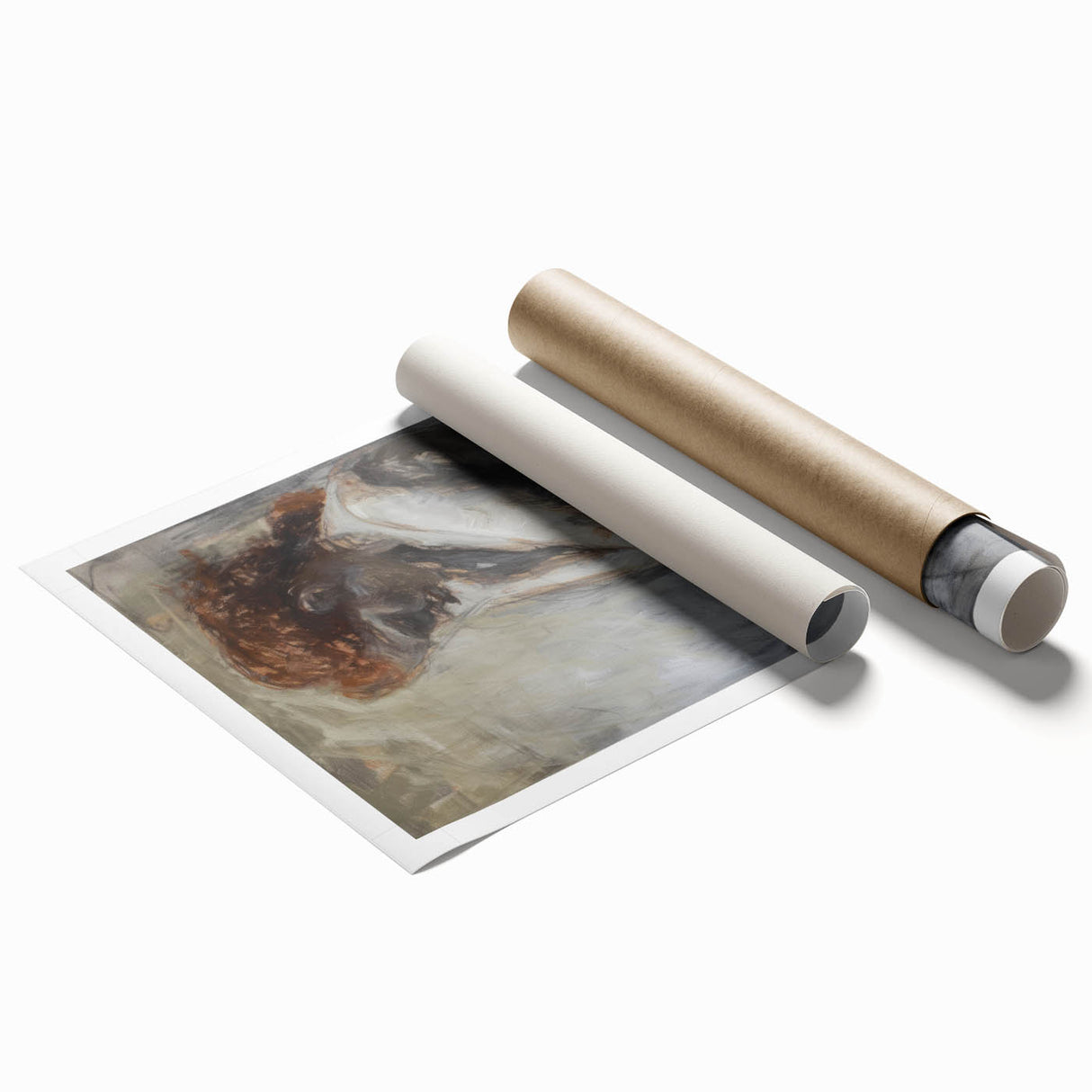 Abstract figurative art print showcasing vibrant colors and dynamic shapes, rolled and ready for display, offered in a protective tube for safe shipping.