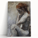 Abstract figurative wall art on stretched canvas, featuring bold colors and dynamic shapes, leaning against a white wall, perfect for modern home decor.