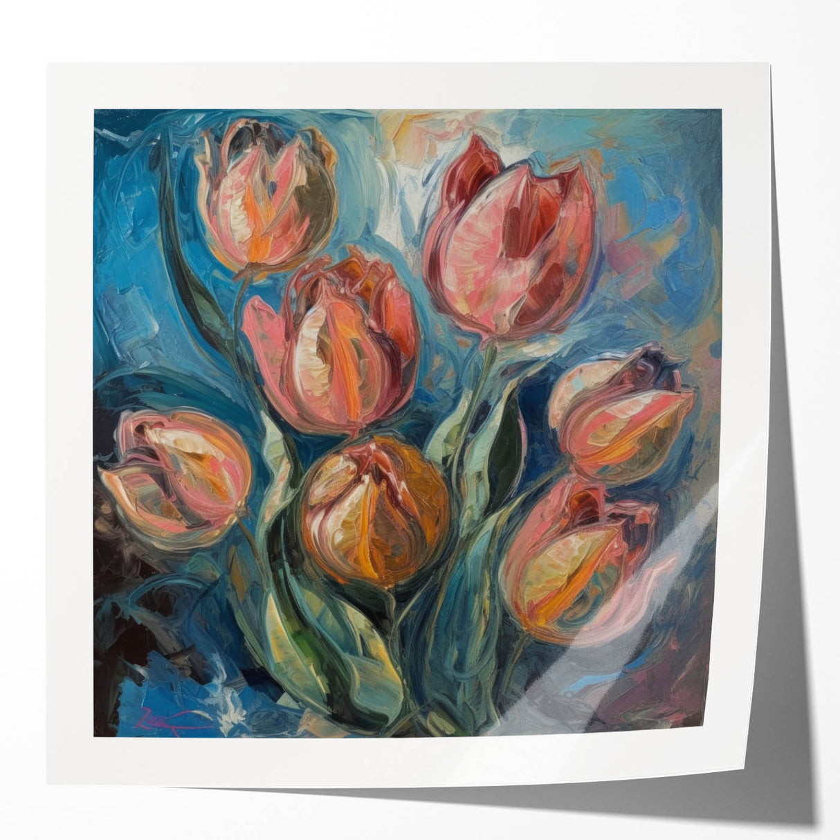 Abstract floral design print in vibrant colors, featuring intricate patterns on glossy paper, displayed in a modern home setting with natural light illuminating its beauty.