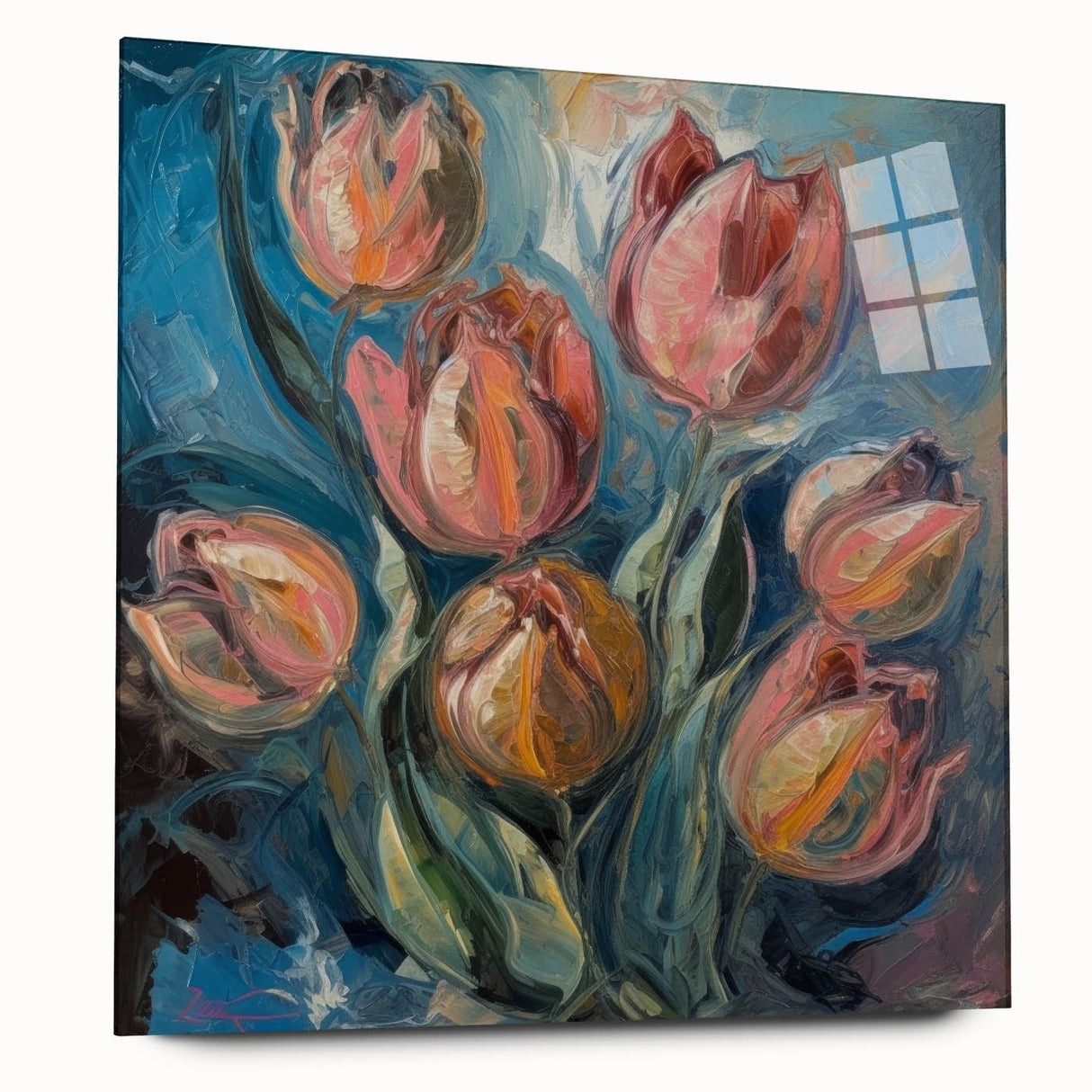 Abstract floral acrylic glass artwork showcasing vibrant colors and intricate designs, displayed from a side view, emphasizing its modern aesthetic and glossy finish. Perfect for contemporary home decor.