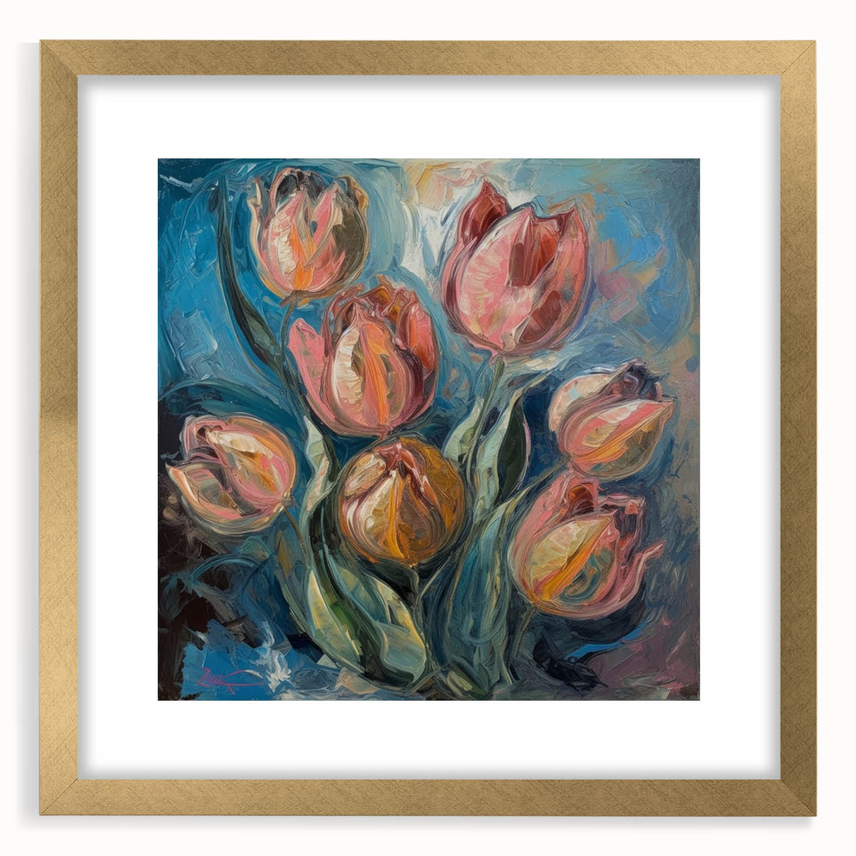 Abstract floral artwork framed in a gold mat, showcasing vibrant colors and intricate patterns, perfect for enhancing modern home decor with elegance.
