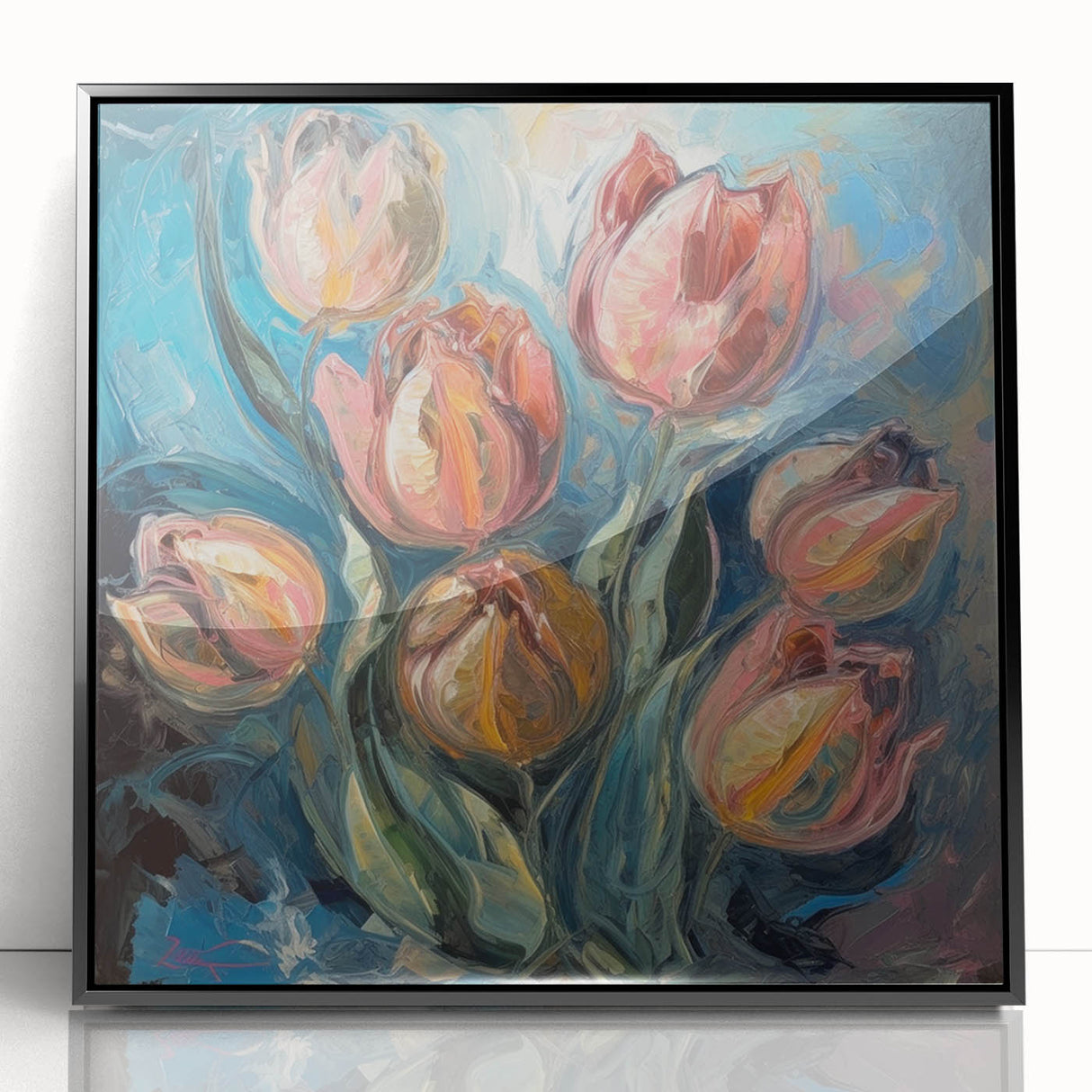 Framed acrylic artwork showcasing a vibrant abstract floral design with bold colors, set against a sleek black frame, ideal for modern home decor.