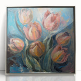 Framed acrylic artwork showcasing abstract floral designs in vibrant colors, set in a sleek silver frame, perfect for modern home decor and art enthusiasts.