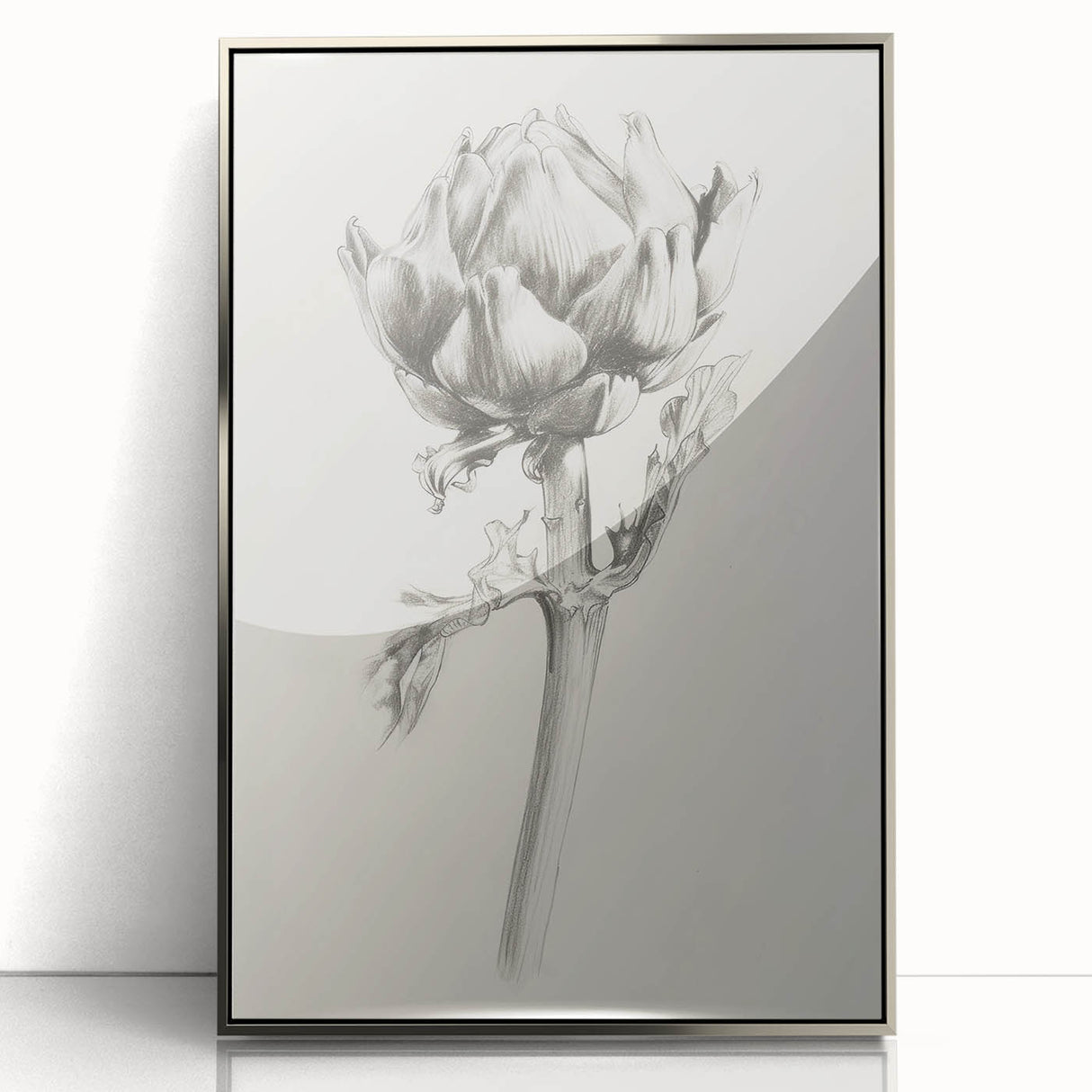 Framed acrylic artwork showcasing vibrant abstract floral design in silver tones, ideal for modern decor. Perfect for enhancing living room aesthetics.