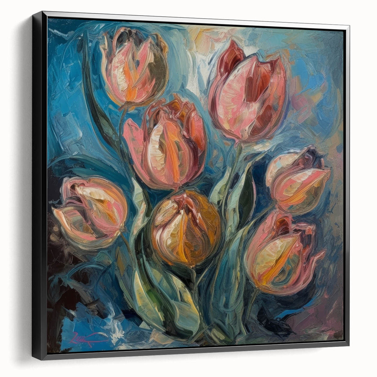 Framed canvas artwork showcasing an abstract floral design in vibrant colors. The piece features a sleek black frame, perfect for modern home decor.