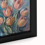 Close-up of a vibrant abstract floral canvas artwork showcasing bold colors and intricate details, elegantly framed to enhance any modern decor setting. Perfect for adding a touch of artistic flair to living spaces.