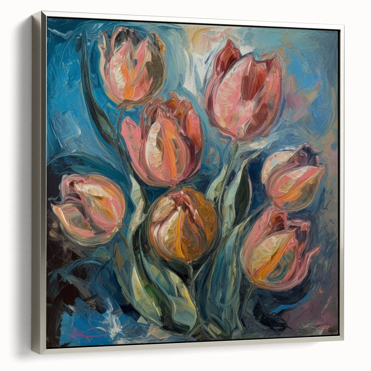 Framed canvas artwork showcasing a vibrant abstract floral design with silver accents, ideal for modern home decor. Side view highlights its sleek frame and texture.