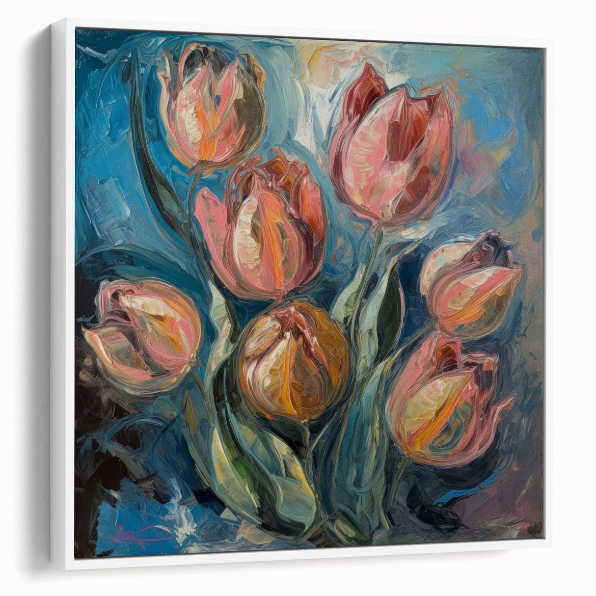 Framed canvas artwork showcasing an abstract floral design with vibrant colors on a white background, viewed from the side, ideal for modern home decor.
