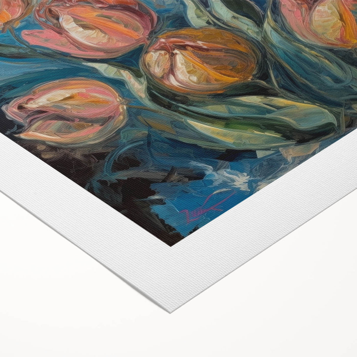 Colorful abstract floral artwork on rolled canvas, showcasing vibrant hues of pink, blue, and green, ideal for modern home decor and artistic expression. The canvas is neatly packaged in a durable cardboard tube for safe delivery.