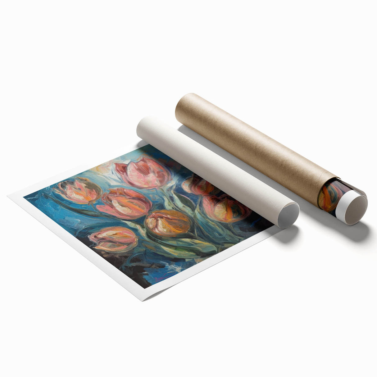 Abstract floral design rolled print showcasing vibrant colors and intricate patterns, ideal for home decor. Packaged securely in a durable cardboard tube for easy transport and protection.