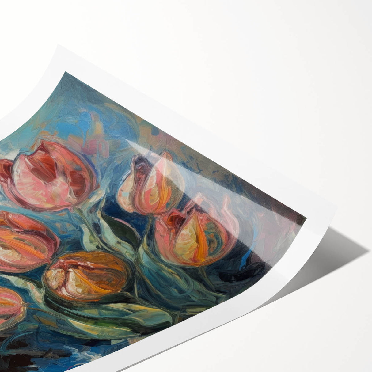 Vibrant abstract floral rolled print showcasing bold colors and intricate patterns, perfect for home decor or artistic display, packaged securely in a protective tube.