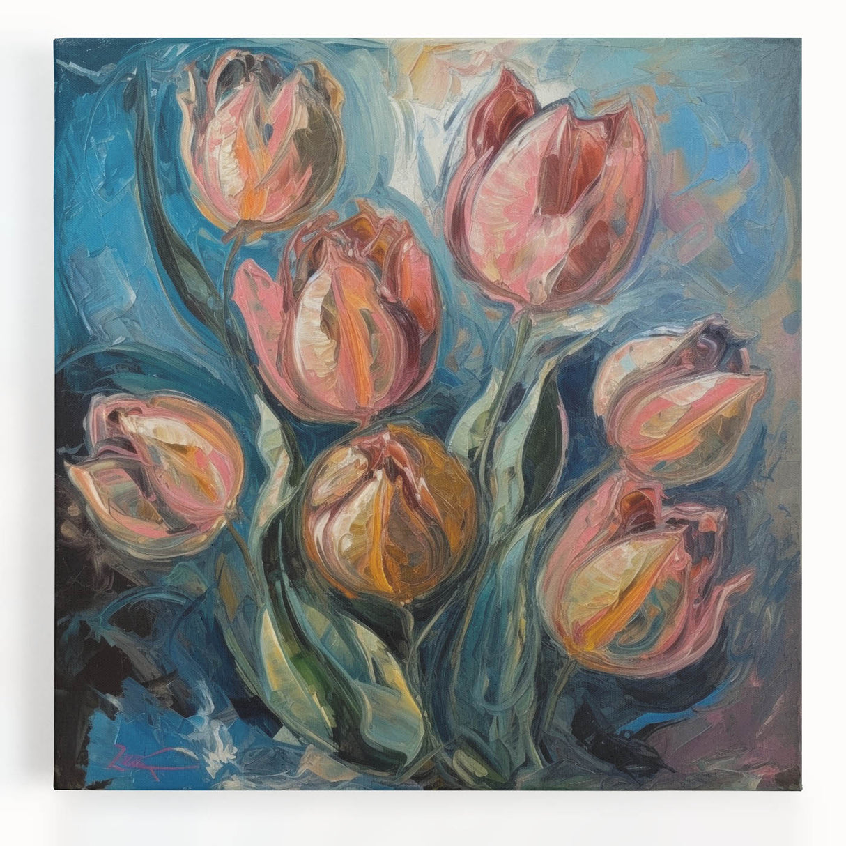 Abstract floral canvas art featuring vibrant colors in a stretched format, showcasing intricate designs with a modern aesthetic, ideal for home decor enhancement.
