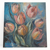 Abstract floral stretched canvas artwork featuring vibrant colors and intricate designs, leaning against a neutral wall, perfect for modern home decor.