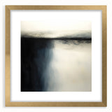 Golden framed abstract landscape artwork featuring a serene natural scene, elegantly matted for a refined presentation, ideal for home decor.