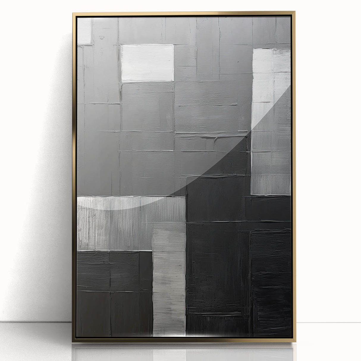 Framed abstract minimalist wall art in gold and white, showcasing a modern design with clean lines and a sleek acrylic finish, enhancing contemporary decor.