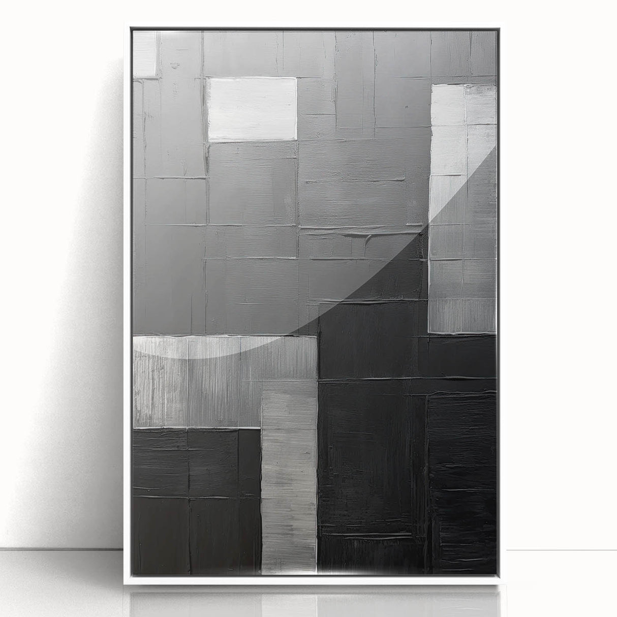 Framed minimalist abstract wall art in white acrylic, showcasing soft geometric shapes and clean lines, perfect for modern home decor.