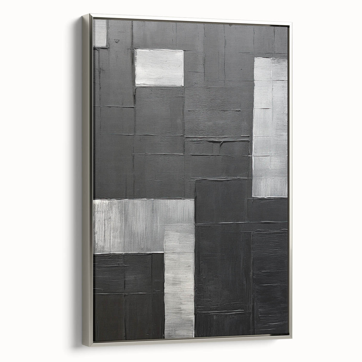 Framed minimalist abstract wall art featuring soft silver tones, showcasing a sleek side view against a neutral backdrop, ideal for modern home decor.