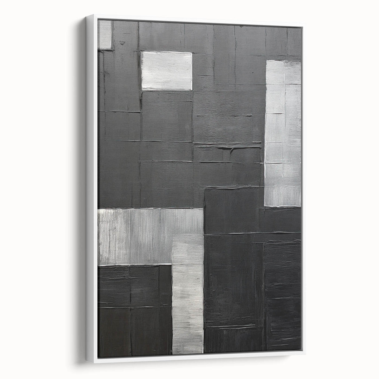 Framed abstract minimalist wall art showcasing a white background with elegant geometric shapes in soft gray tones, perfect for modern home decor.