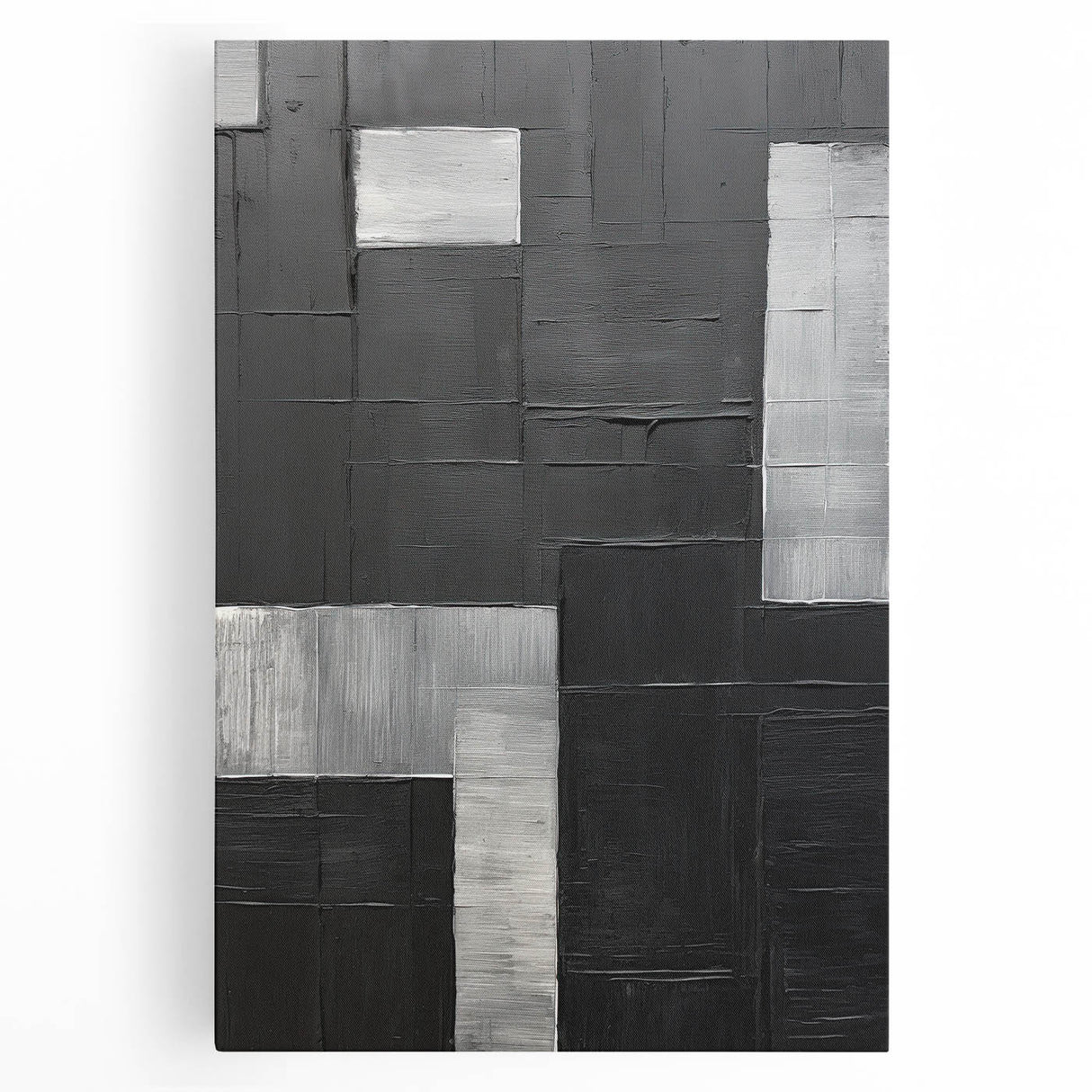Abstract minimalist wall art on stretched canvas featuring soft-toned geometric shapes in hues of blue, beige, and gray, perfect for modern home décor.