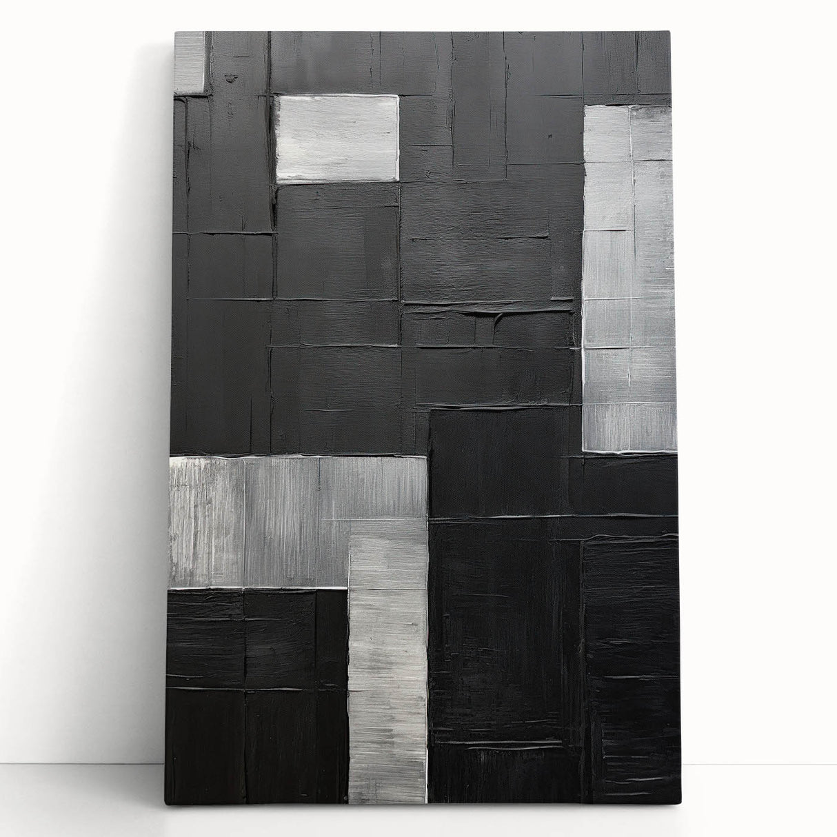 Abstract minimalist wall art on stretched canvas, featuring soft pastel colors and geometric shapes, leaning against a neutral wall, perfect for modern decor.