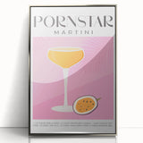 Mid-century modernist art depicting food and drinks in muted colors on a silver-framed acrylic print.