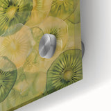 Close-up acrylic glass print of vibrant, abstract fruit designs, ideal for dining room art.