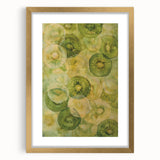 Extra large abstract art print featuring textured fruits in vibrant colors on a gold-framed canvas.