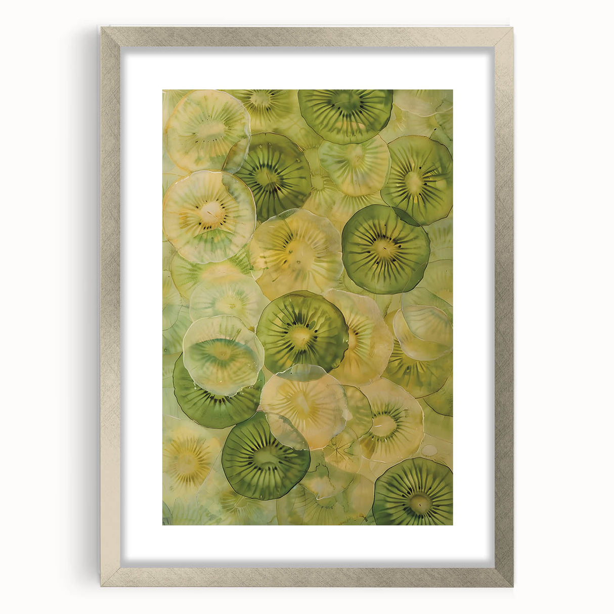 Textured art depicting abstract fruit designs in vibrant colors on a silver-framed print, ideal for bedroom art.