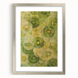 Textured art depicting abstract fruit designs in vibrant colors on a silver-framed print, ideal for bedroom art.