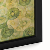 Close-up of black wall art featuring colorful, textured fruits on a large framed canvas, ideal for living room decor.