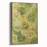 Framed canvas featuring a vintage poster of assorted fruits in muted gold and black tones, suitable for bedroom wall art.