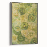 Framed canvas featuring a vintage poster of colorful fruits against a black background, ideal for kitchen wall art.