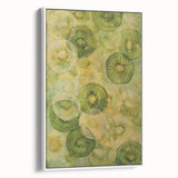 Vintage poster art of colorful fruits on a black background, framed canvas, ideal for living room decor.