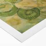 Art deco poster featuring an array of colorful fruits on a rolled canvas, ideal for dining room wall art.