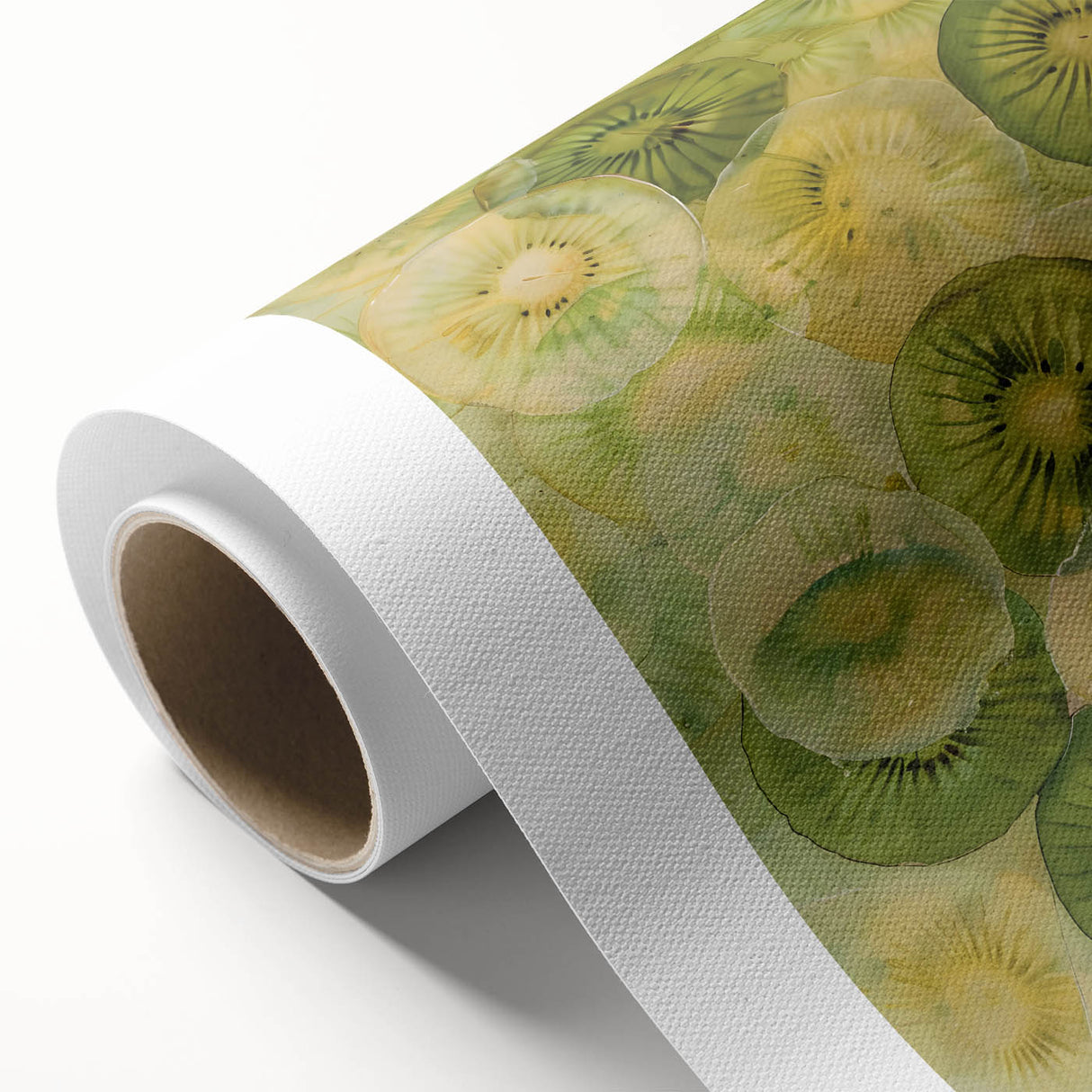 Art deco poster featuring an assortment of colorful fruits on a rolled canvas, ideal for nursery wall art.