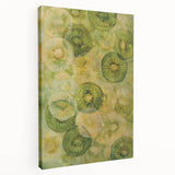 Large art print of assorted fruits in vibrant colors on stretched canvas, ideal for kitchen wall decor.