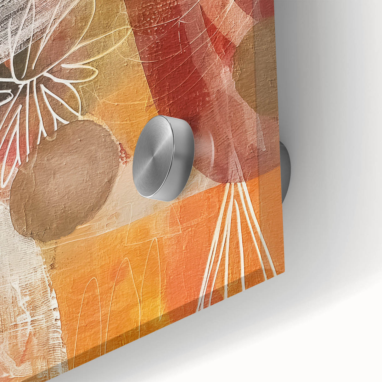 Large abstract wall art depicting autumnal trees in warm orange and red tones on acrylic glass.