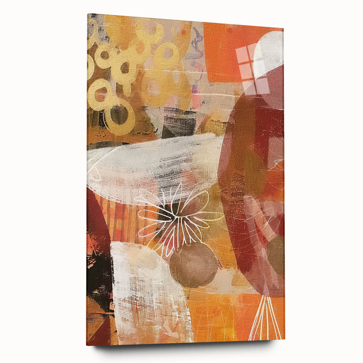 Large abstract wall art in mid-century modernist style on acrylic glass, featuring warm autumn hues.