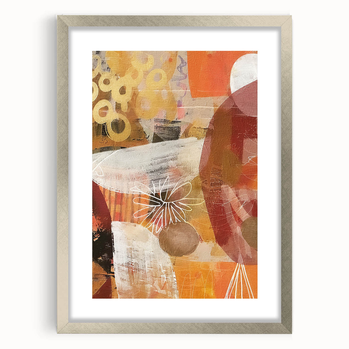 Textured art print with abstract design in earthy orange and brown tones, framed in silver, suitable for bedroom decor.