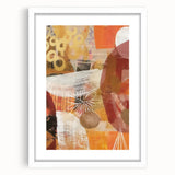 Abstract art print featuring swirling autumnal hues on a white framed canvas, suitable for bedroom or dining room decor.