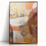 Mid-century modernist art featuring an autumnal scene in warm gold and orange tones, framed acrylic print.