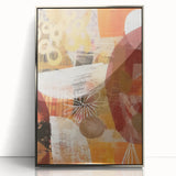 Mid-century modernist art depicting an abstract fall scene in orange and brown tones on a silver-framed acrylic print.