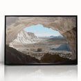 Framed acrylic artwork showcasing a striking landscape of caves, featuring deep colors and intricate details, presented in a sleek black frame for elegant decor enhancement.