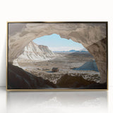 Framed acrylic artwork showcasing a stunning landscape with intricate cave formations and golden accents, perfect for enhancing modern home decor.