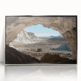 Framed acrylic artwork depicting a stunning landscape with intricate cave formations, featuring vibrant colors and a sleek silver frame, perfect for home decor.