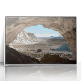 Framed acrylic artwork depicting a serene landscape with cave formations, featuring earthy tones and detailed textures, ideal for modern home decor.